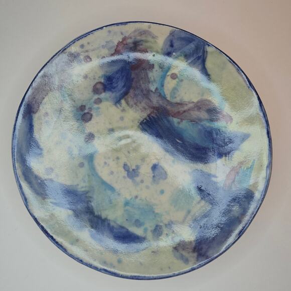 A Suman Glazed Ceramic Plate Vintage 1986 Blue Purple Swirl Signed Pottery - Picture 5 of 6